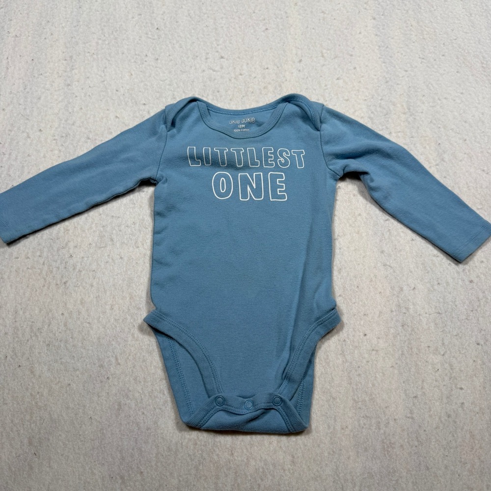 Okie Dokie Littlest One Blue Long Sleeve Bodysuit 12M Cotton Graphic Snap Bottom